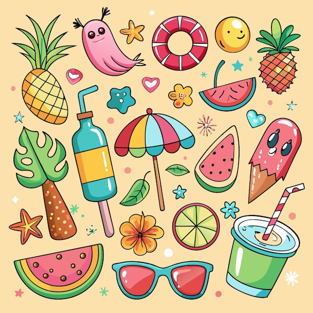 Ilustración de verano colorida con helado de sandía y piña y gafas de sol
