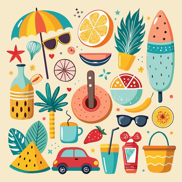Ilustración de verano colorida con palmeras de naranja de sandía y accesorios de playa