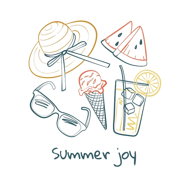 Ilustración de verano dibujada a mano con sombrero gafas de sol helado sandía limonada y texto de alegría de verano Dibujo estacional divertido para viajes de vacaciones y conceptos tropicales