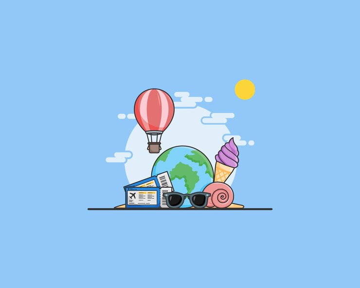 Vector ilustración de verano con globos de aire caliente de todo el mundo y boletos de vacaciones diseño vectorial