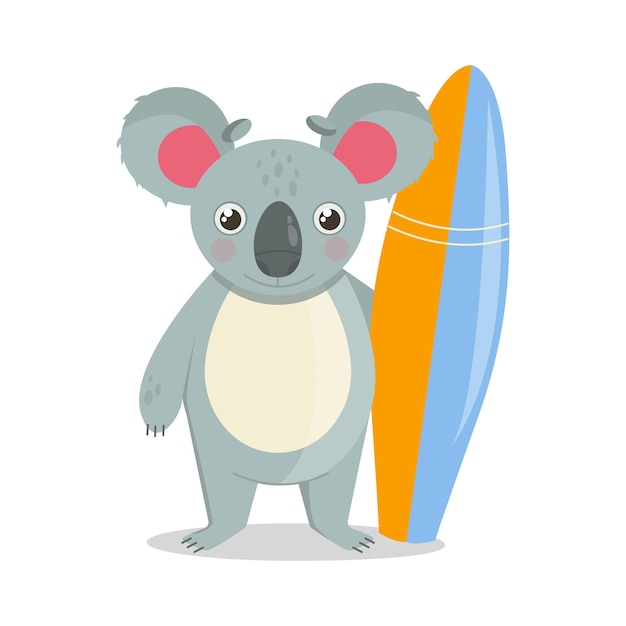 Ilustración de verano koala se para y sostiene una tabla de surf