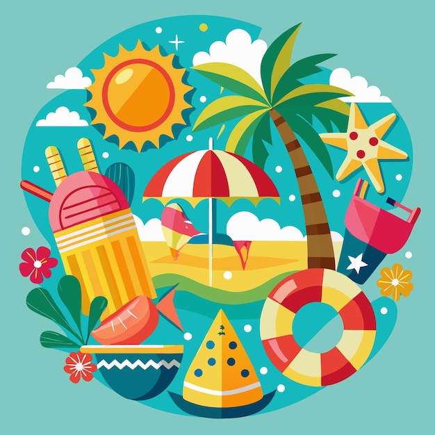 Ilustración de verano con un paraguas de playa de palma y juguetes de playa