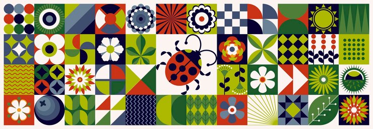 Ilustración de verano patrón floral geométrico mínimo estilo escandinavo un conjunto de formas de mosaico