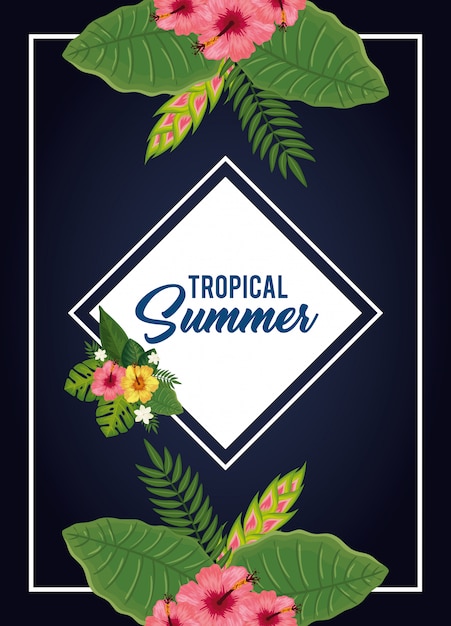 Ilustración de verano tropical con flores y hojas