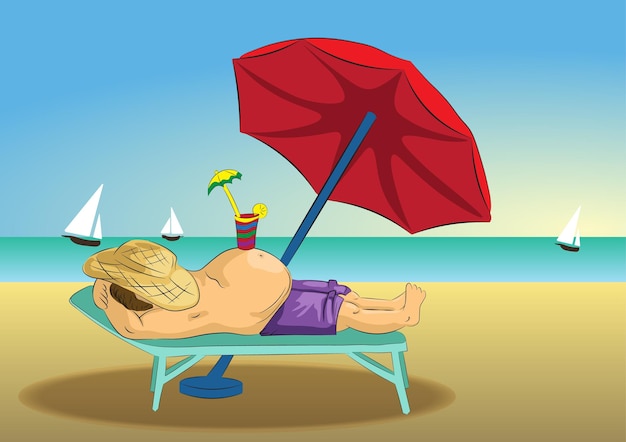 Ilustración de verano para vacaciones en la playa Hombre gordo relajándose en el resort