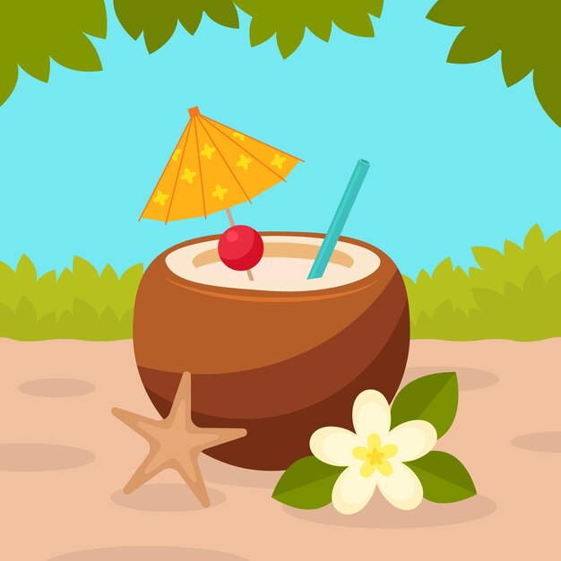 Ilustración de verano vectorial plano cocotero de playa de verano