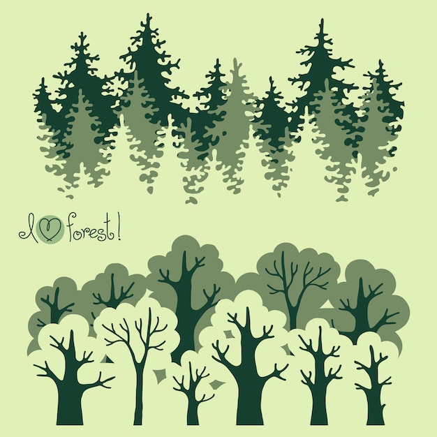 Ilustración de verde bosque caducifolio y bosque de coníferas.