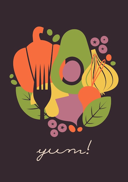 Ilustración con verduras, bayas, tenedor en estilo plano. Clip art para café vegetariano, restaurante