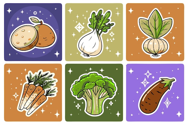 Ilustración de verduras bonitas dibujadas a mano zanahorias brócoli berenjena hinojo ajo diversión