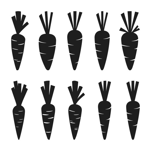 Ilustración de verduras de raíz negra con silueta de zanahoria en conjunto vectorial