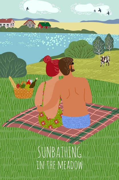 Vector ilustración vertical con un chico y una chica, tomando el sol en la naturaleza