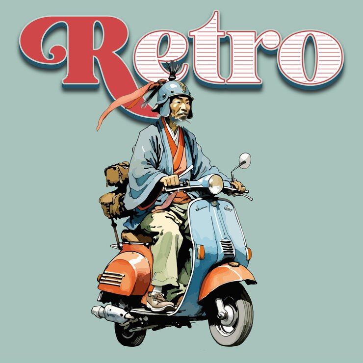 Ilustración de Vespa con samuráis y astronautas que la usan en estilo de ilustración vintage y para sostén