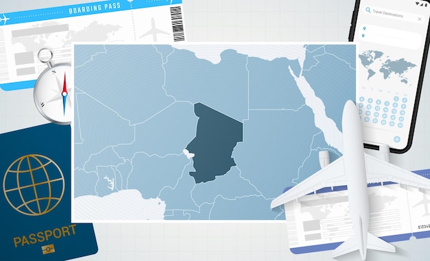 Ilustración de viaje a Chad con un mapa de Chad Fondo con brújula de pasaporte de teléfono celular de avión y boletos