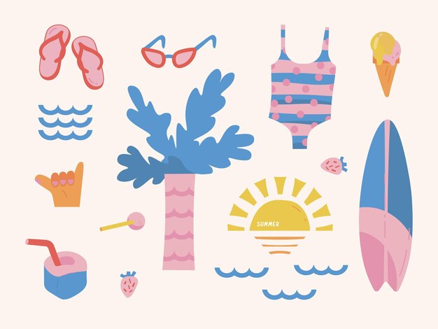 Ilustración de viaje con gafas de helado de fresa de tabla de surf de mar de sol y elemento de chanclas
