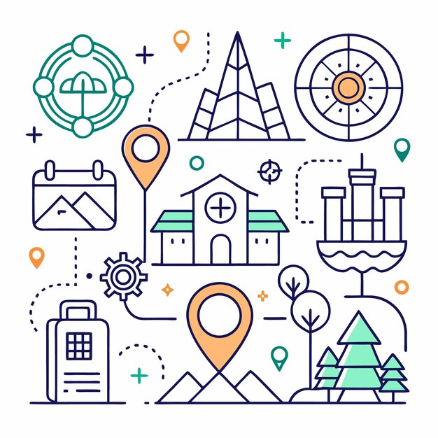 Ilustración de viaje con puntos de referencia y alfileres de mapa