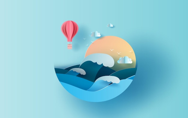 Ilustración de viajes en concepto de círculo de temporada de vacaciones de verano. Estilo de corte de papel de globo de diseño gráfico. Fondo de color pastel de la idea de vacaciones de verano, luz del sol del paisaje de la vista de las olas del mar. EPS vectoriales10