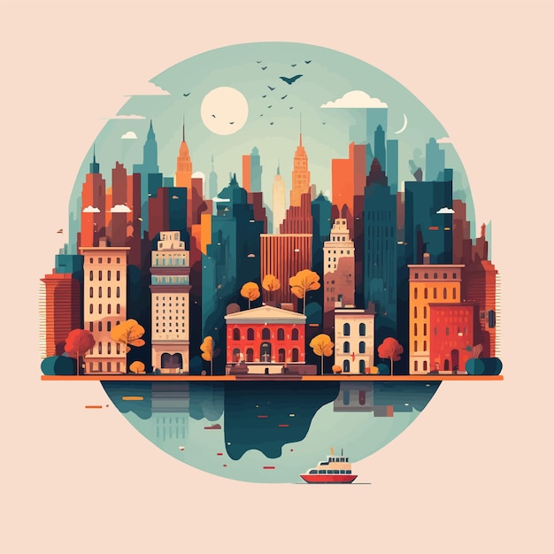 Ilustración de viajes Paisaje de la ciudad de Nueva York de edificios logotipo vectorial plano