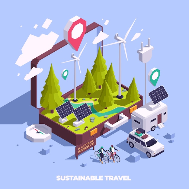 Ilustración de viajes sostenibles y energías renovables