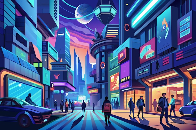 Ilustración vibrante de una calle de la ciudad futurista al anochecer con letreros de neón edificios altos y personas caminando junto a los coches que conducen por la carretera