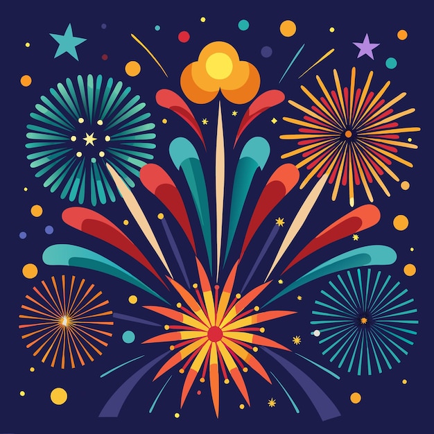 Ilustración de un vibrante espectáculo de fuegos artificiales sobre un fondo azul oscuro