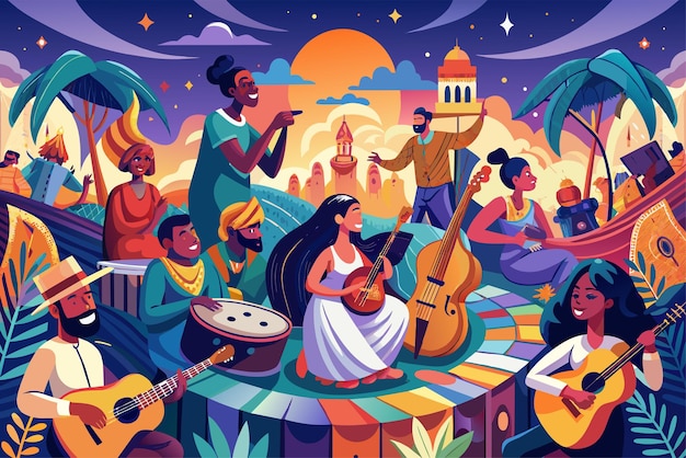 Ilustración de un vibrante grupo musical multicultural que actúa al aire libre, incluidas personas que tocan guitarras, tambores de ukulele y cantan rodeadas de exuberante follaje colorido bajo un cielo estrellado