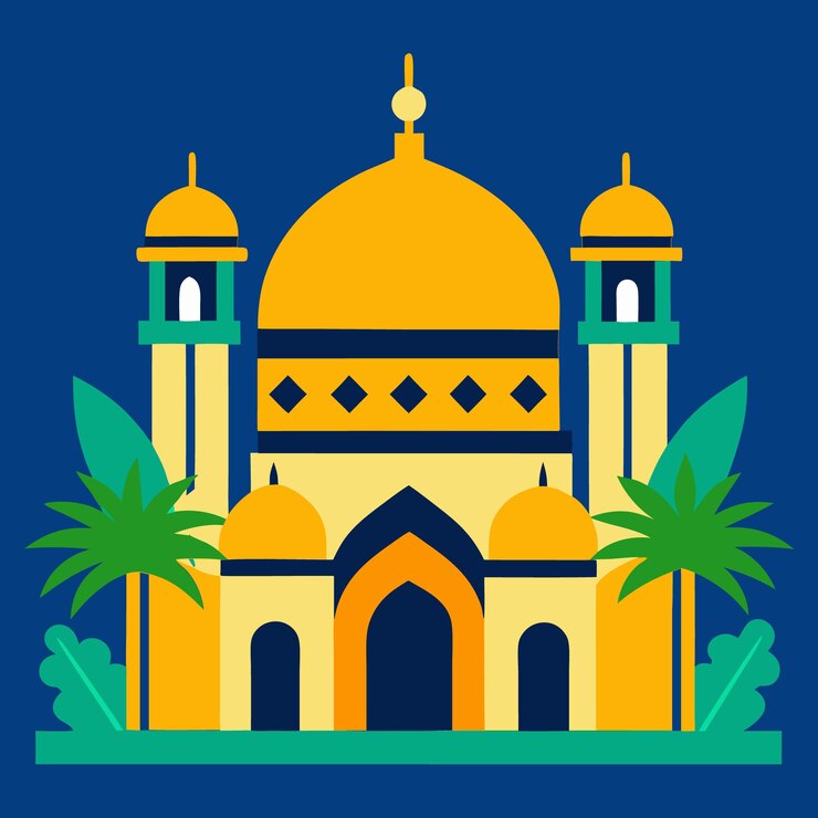 Vector ilustración vibrante de la mezquita amarilla con palmeras arquitectura islámica y diseño cultural