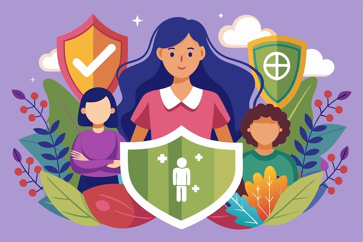 Vector una ilustración vibrante muestra a una mujer en el centro que simboliza el apoyo de la comunidad para la seguridad de las mujeres proteger a las mujeres de los hombres