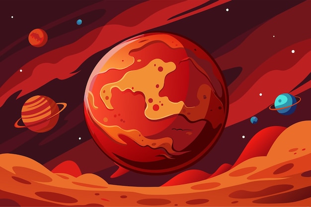 Vector ilustración de un vibrante planeta similar a marte con terreno rojo y naranja con afloramientos rocosos y cráteres bajo un cielo estrellado con otros planetas visibles en la distancia