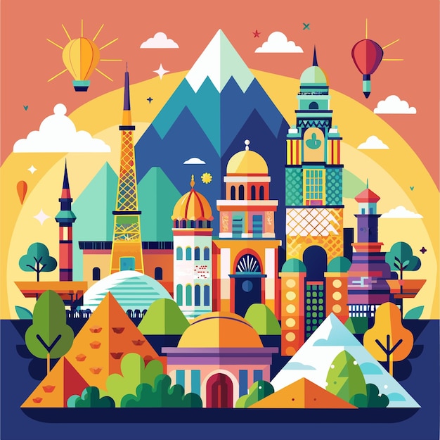 Una ilustración vibrante que muestra una ciudad rodeada de montañas y árboles exuberantes una fusión de sabores de todo el mundo