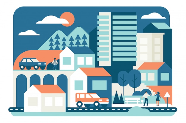 Vector ilustración de la vida de la ciudad viviendas, alojamiento. paisaje urbano, carretera con coches.