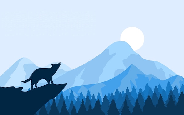 Ilustración de vida silvestre con montaña forestal y lobo