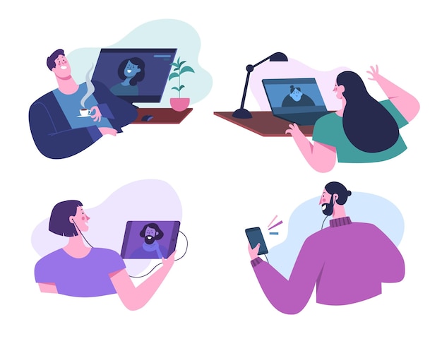Ilustración de videoconferencia de amigos dibujados a mano plana