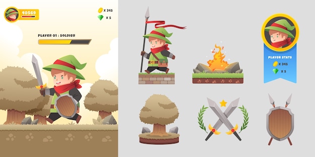 Ilustración de videojuegos e iconos en diseño plano.