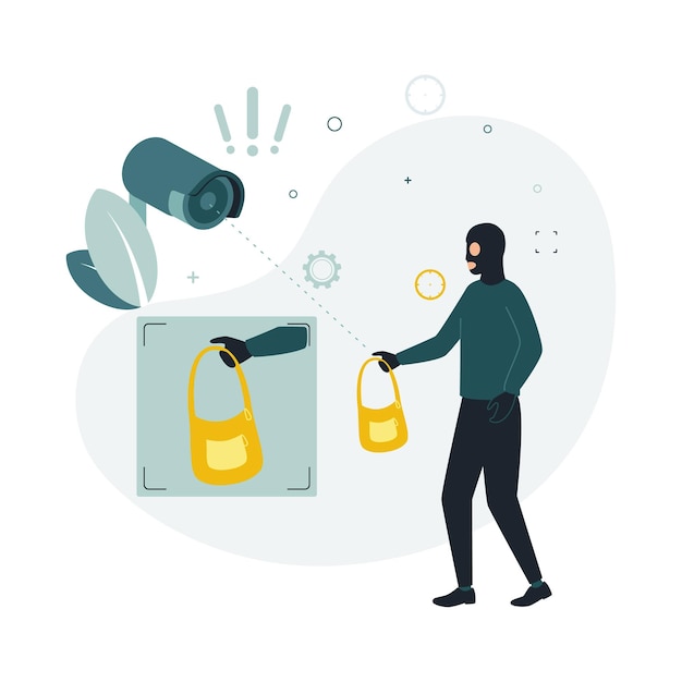Ilustración de videovigilancia Una cámara de seguridad grabó un robo Una cámara CCTV enmascaró a un criminal con una bolsa robada