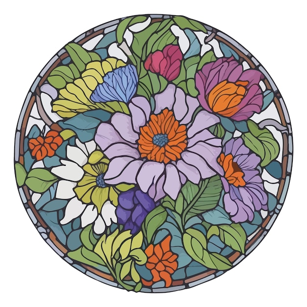Vector ilustración de vidrieras de un ramo de flores en un círculo