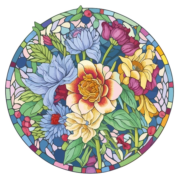 Vector ilustración de vidrieras de un ramo de flores en un círculo