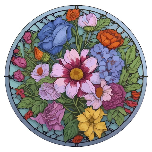 Vector ilustración de vidrieras de un ramo de flores en un gran círculo