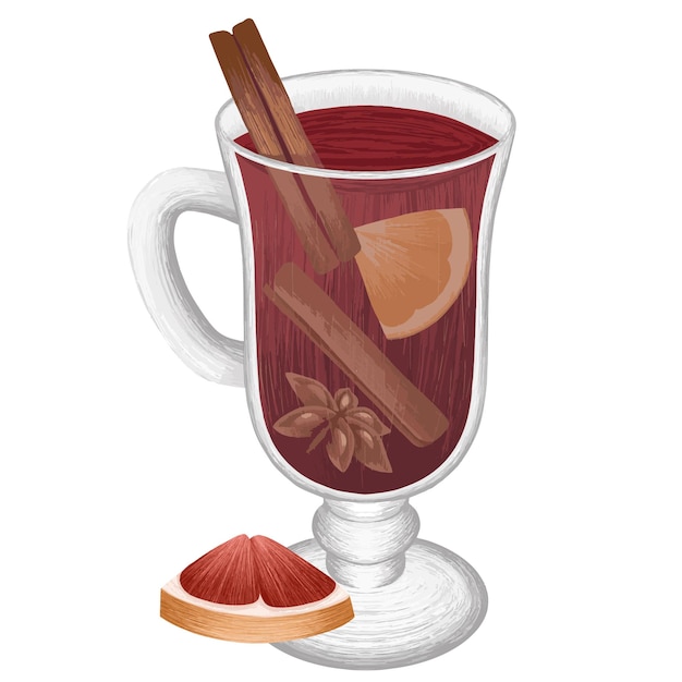 Ilustración de vino tinto caliente con condimento. sabroso vino en la copa, arte vectorial.
