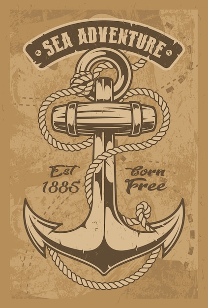 Ilustración vintage de un ancla con cuerda. Todos los elementos y el texto están en grupos separados.