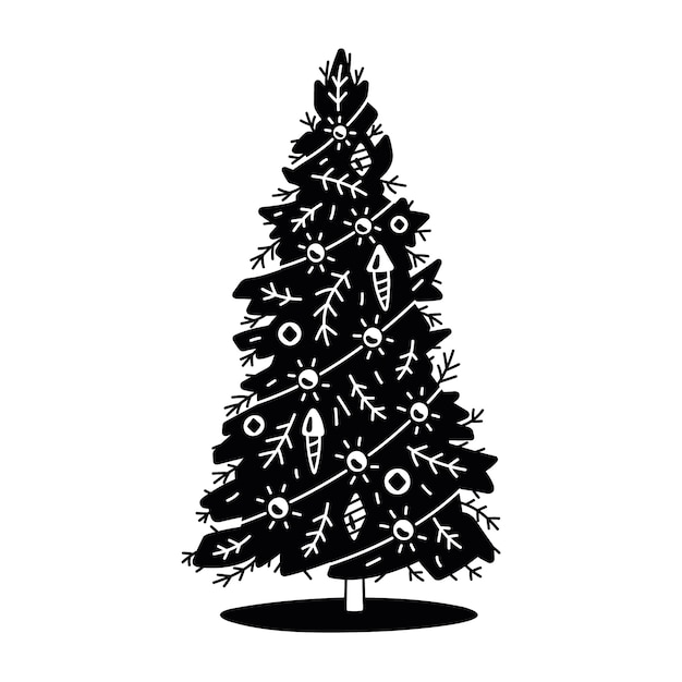 Ilustración vintage de árbol de Navidad. Silueta negra. Fondo blanco.