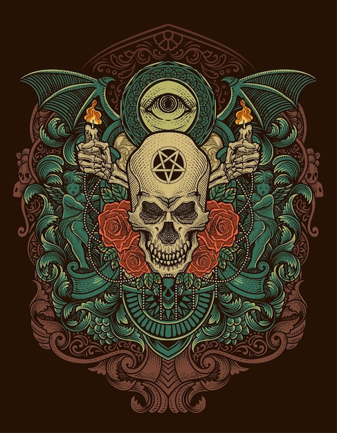 Ilustración vintage cabeza de cráneo se levantó con ornamento de grabado