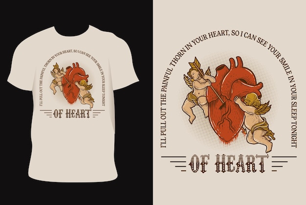 Ilustración vintage corazón roto con ángel en el diseño de la camiseta