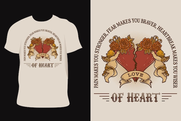 Ilustración vintage corazón roto con dos ángeles en el diseño de la camiseta