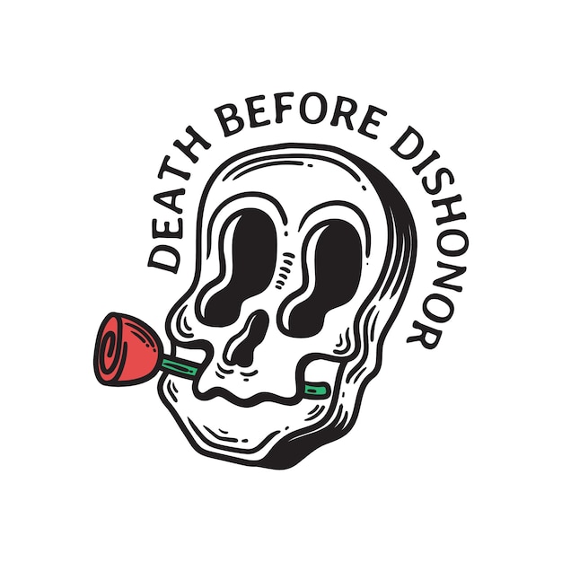 Ilustración vintage de cráneo plano mordiendo una rosa sobre fondo blanco.