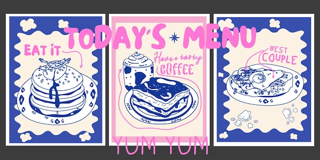 Ilustración vintage dibujada a mano de comida para el desayuno y café Cartel abstracto en estilo retro