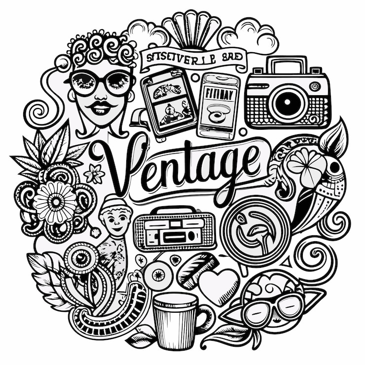 Vector ilustración vintage de doodle con gafas de sol de cámara y elementos retro