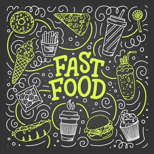 Vector ilustración vintage con elementos de doodle de comida rápida y letras