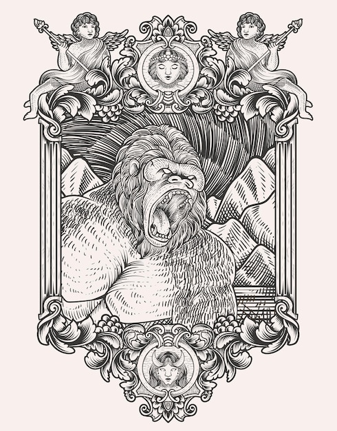 Ilustración vintage gorila con marco de ornamento de grabado