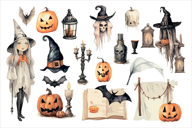 Ilustración vintage de Halloween con calabazas, brujas, murciélagos y elementos decorativos