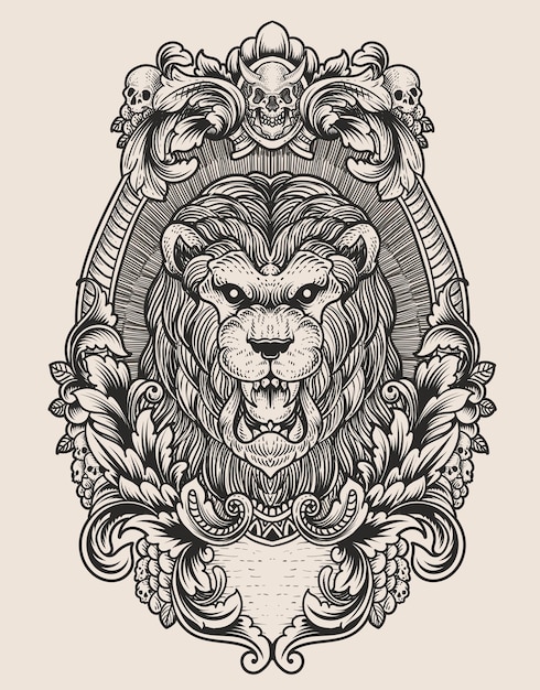 Ilustración vintage león con estilo de grabado